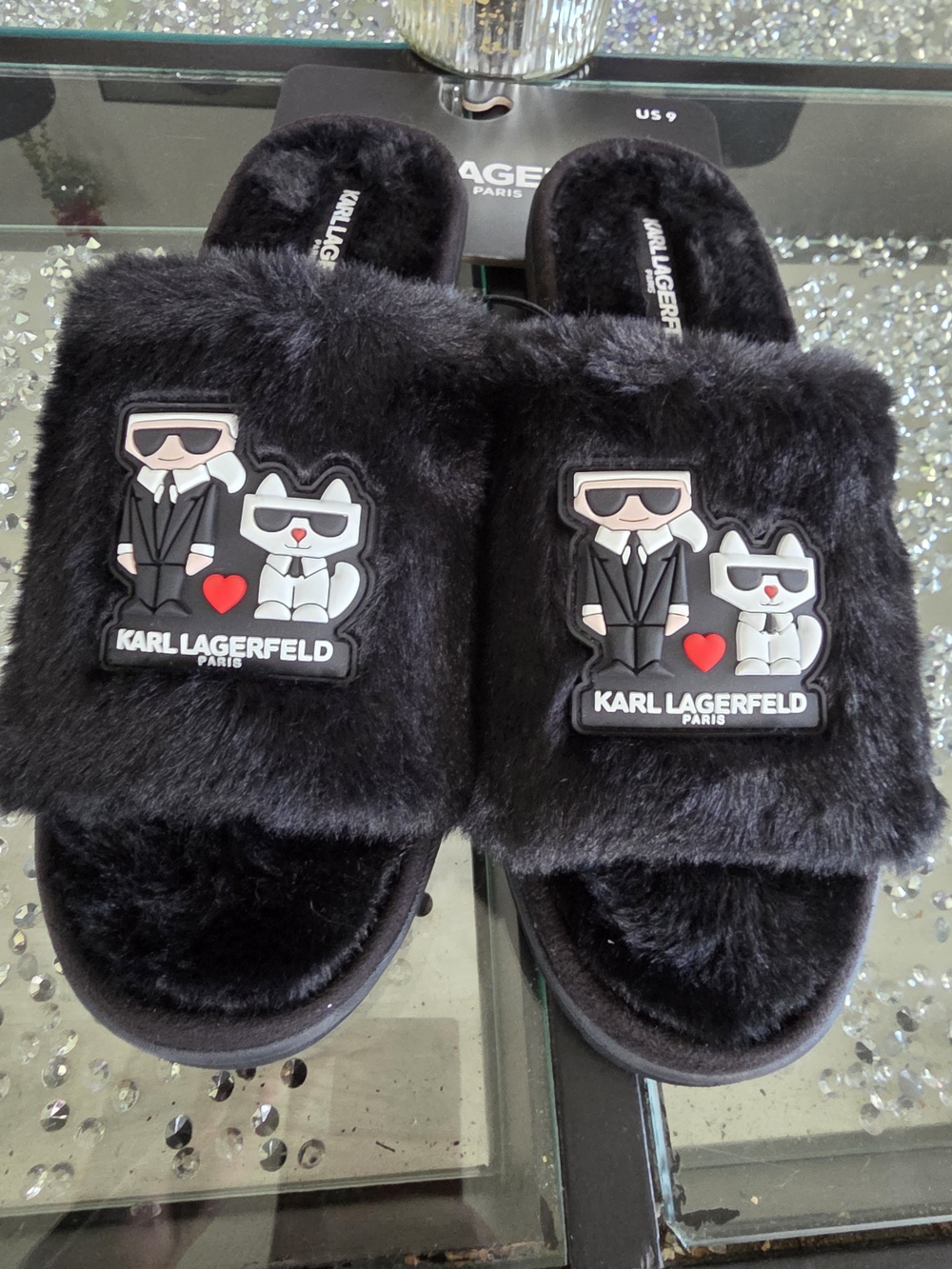 Karl Lagerfeld Kids' Black Faux-Fur Slide Sandals with Icon Patch